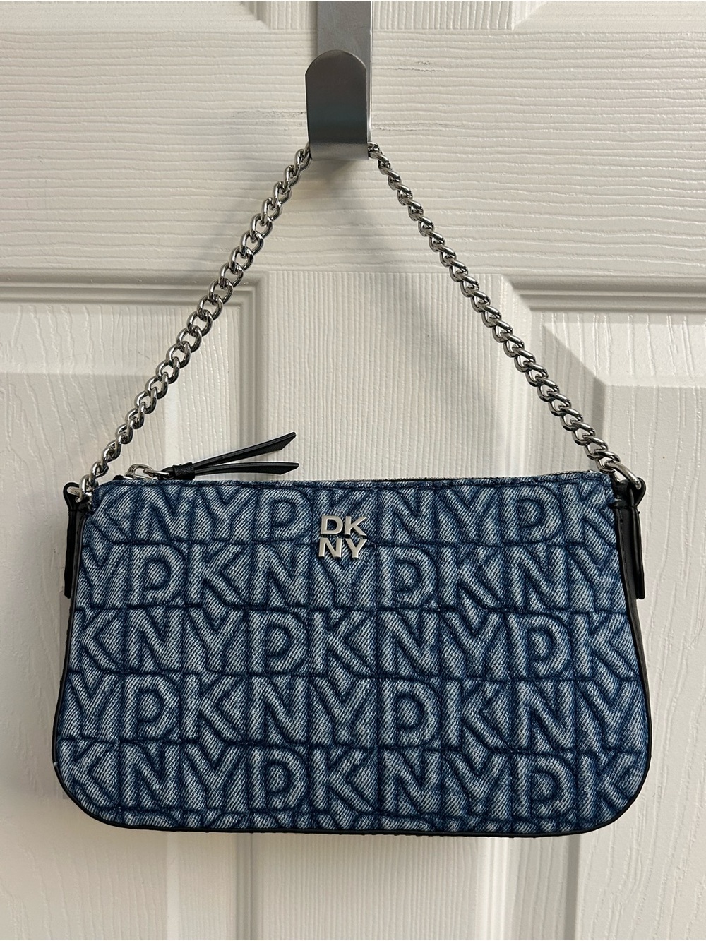 DKNY Blue Denim Quilted Logo Jacquard Shoulder/Crossbody Bag w/Silver Hardware